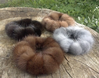 Set of 4 mink fur scrunchies, small balls.