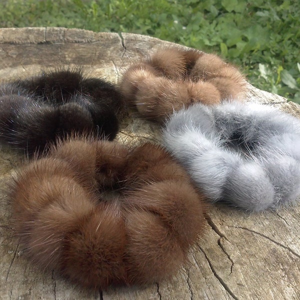 Set of 4 mink fur scrunchies, small balls.