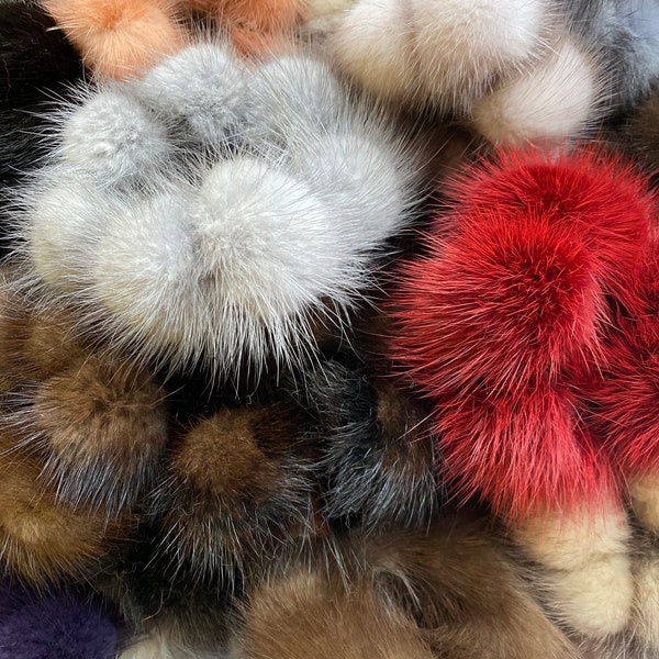 1 mink fur scrunchy with small poms. Multicolored. Ponytail. Bracelets. Natural colors. Handmade accessories. Fluffy crafts.