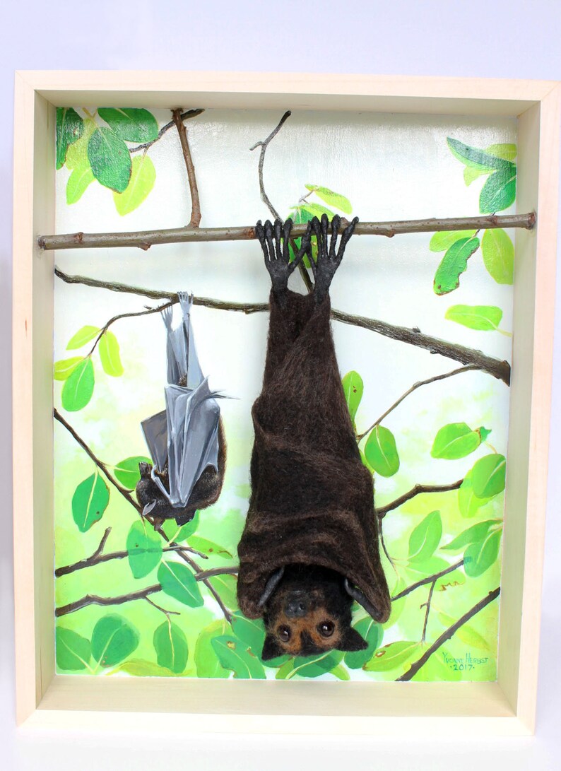 Needle Felted Bat Diorama FlyingFox Bat Wildlife Painting Etsy