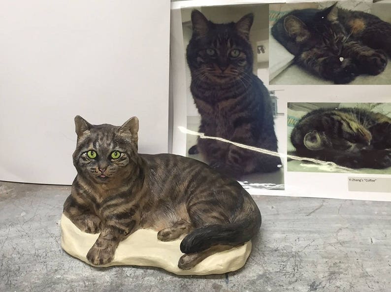 grey tabby cat statue