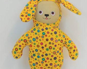 Floppy Eared Stuffed Dog Doll: Yellow Multicolored Dotted Flannel