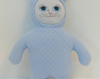 Quilted Blue Cat Doll: Handmade Flannel Stuffie