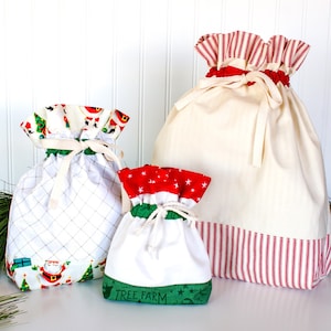 Drawstring Bag Pattern, Fabric Gift Bags, Holiday DIY Sewing, Santa Sack, Reusable, Christmas Gift Idea, Small Medium Large, Three Sizes image 1