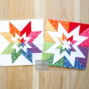 May include: Two colorful star quilt blocks with white, orange, red, pink, yellow, green, purple, and blue fabrics. The blocks are on a light wood surface. The text "TEN COW QUILTS" is visible.