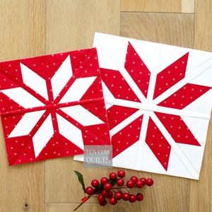 May include: Two square quilt blocks with a red and white starburst design. The red fabric has a small white cross pattern. The blocks are on a wooden surface with a sprig of red berries. The text "TEN COW QUILTS" is visible.