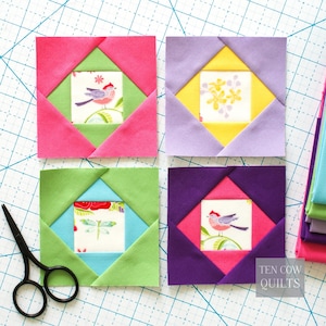 Patrón económico (7 tamaños incluidos), con patchwork de papel base, FPP, cuadrado dentro de un cuadrado, minibloque, bloque de edredón pequeño, descarga en PDF