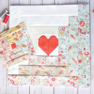 Patrón de bloque de edredón de cabaña de troncos con forma de corazón, PDF, piezas tradicionales, grande, cama individual, cama Queen, descarga digital imagen 3