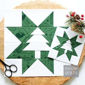 Kerstboom: 7 maten inbegrepen, basispapier, sterretjespatroon, quiltblok, meerdere maten, pdf-download, vakantiequiltvierkant