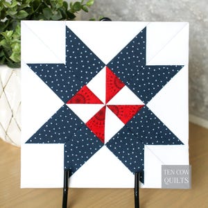 Pode incluir: Um bloco de colcha quadrado com um desenho de estrela. A estrela é composta por triângulos azul marinho com bolinhas brancas, triângulos vermelhos e tecido de fundo branco. O bloco de colcha é exibido em um suporte preto. O texto "TEN COW QUILTS" está no canto inferior direito.
