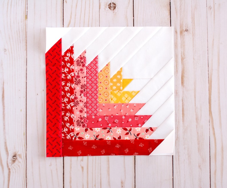 Lilly Log Cabin, mönster för lapptäcke, FPP, tulpan, blomma, quiltblock, PDF-nedladdning, flera storlekar, liten 7,5 cm, 20 cm bild 5