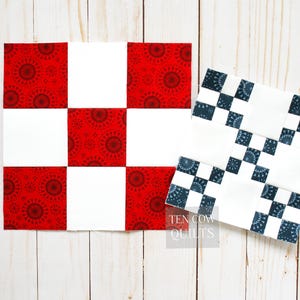 May include: Two fabric squares, one red and white checkered with a red floral pattern, and one white and black checkered with a blue floral pattern. The squares are on a white wooden surface. The text "TEN COW QUILTS" is visible in the bottom right corner.