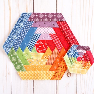 Cartamodello per patchwork "Hexie Log Cabin Foundation", FPP, download PDF, modello da cucito, blocco per quilt, da mini a grande, diverse misure