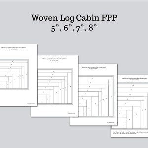 Pode incluir: Quatro padrões de papel branco para um edredão Woven Log Cabin FPP. Os padrões são rotulados com tamanhos de 12,7 cm, 15,2 cm, 17,8 cm e 20,3 cm. Cada padrão apresenta um design geométrico numerado.