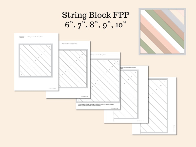 String Quilt Block Foundation Paper Piecing, FPP, PDF Download, Print at Home, Scrappy, Scrap, 6-inch, 7-inch, 8-inch, 9-inch, 10-inch image 2