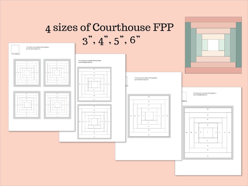 Blocco trapunta del tribunale, PDF, Foundation Paper Pieced, modello FPP, blocco da 6 pollici, 5 pollici, 4 pollici, 3 pollici, Mini Quilt, Blocco, Piccolo immagine 1