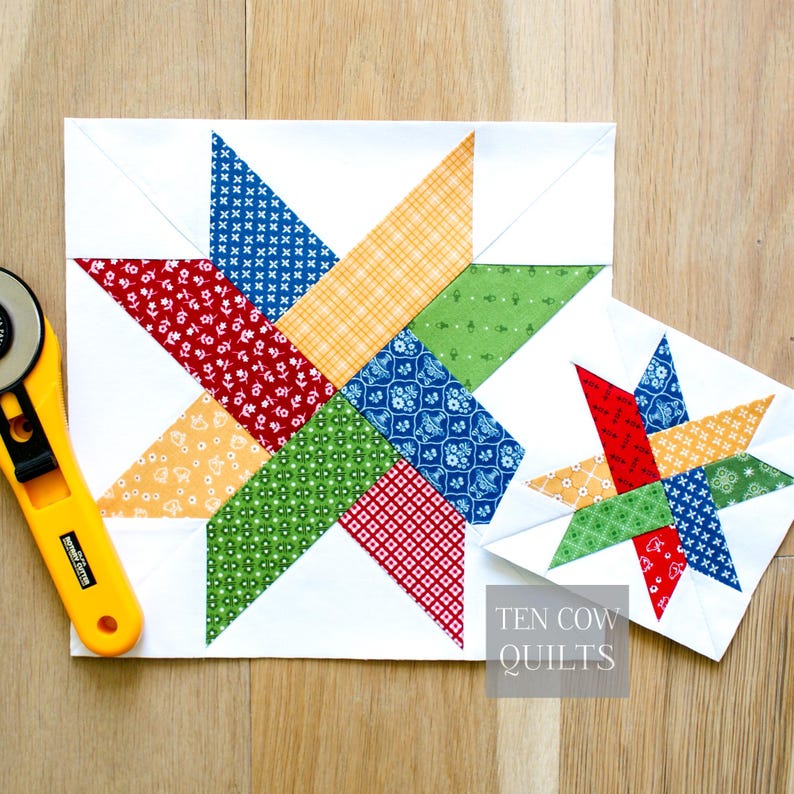 Cartamodello per patchwork a forma di stella intrecciata, 5 misure, FPP, 12 pollici, 10 pollici, 8 pollici, 6 pollici, 5 pollici, stella a denti di sega, download PDF, blocco trapuntato immagine 1