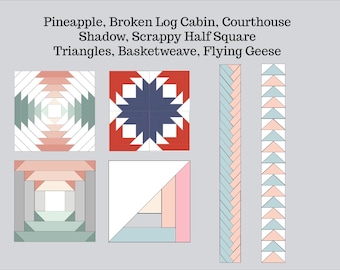 Foundation Paper Piecing Bundle 2, FPP, Pineapple, Broken Log Cabin, Courthouse Shadow, Scrappy Half Triangle, Basketweave, Flying Geese,