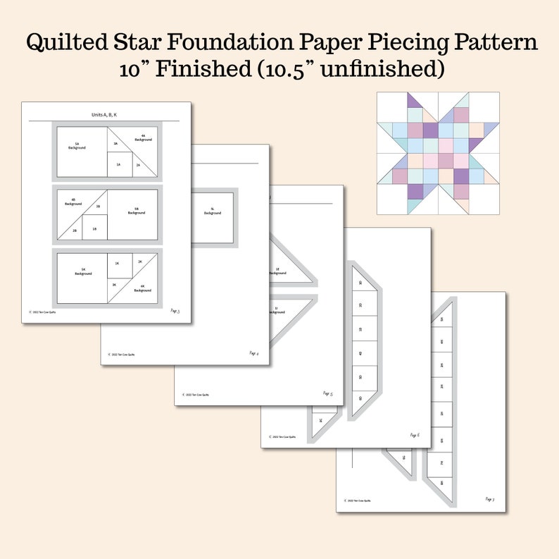 Patrón de piecing de papel de base de estrella acolchada, FPP, bloque de edredón, descarga digital en PDF, acabado de 10 pulgadas imagen 2