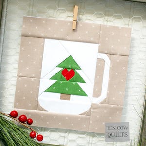 Mönster för julmuggsquiltblock, pappersdelad quilt, FPP, 3 storlekar, PDF-nedladdning