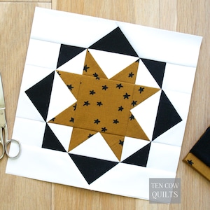 May include: A square quilt block featuring a star design. The star is made of tan fabric with black star-shaped accents. The star is surrounded by black and white triangles. The words "TEN COW QUILTS" are in the lower right corner.
