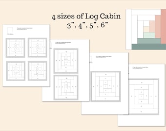 Log Cabin Quilt Block, PDF, FPP, Foundation Paper Piecing Pattern, Download, Quilt Block, Small, Mini, 3-inch 4-inch 5-inch 6-inch