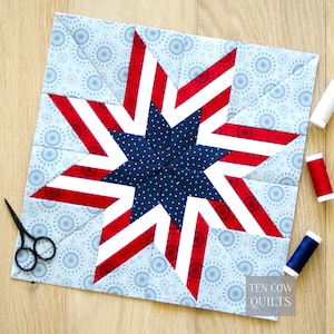 May include: A square quilt block featuring a central eight-pointed star with navy blue fabric with white dots, red fabric, and white fabric strips. The background is light blue with a grey circular pattern. Includes black scissors and thread spools.