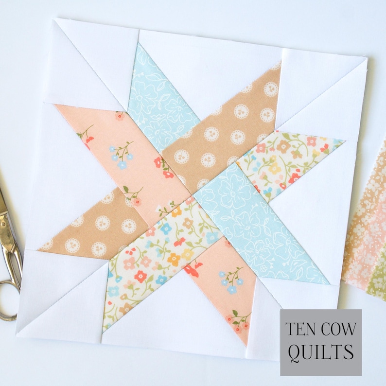Cartamodello per patchwork a forma di stella intrecciata, 5 misure, FPP, 12 pollici, 10 pollici, 8 pollici, 6 pollici, 5 pollici, stella a denti di sega, download PDF, blocco trapuntato immagine 8