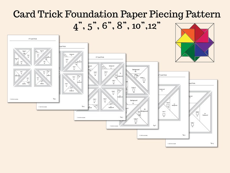 Card Trick Foundation Paper Piecing Pattern, Quilt Block, Multiple Sizes, FPP, 4-inch, Mini Quilt, Miniature, 5-inch, 6-inch, 8-inch, image 2