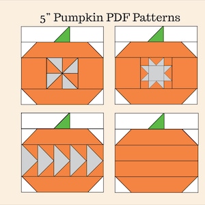 Op de afbeelding: Vier 5 inch pompoen PDF-patronen voor quilten. Elk patroon heeft een ander ontwerp: een molenwiek, een ster, een rij driehoeken en een gestreept ontwerp.