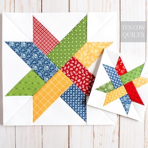 Cartamodello per patchwork a forma di stella intrecciata, 5 misure, FPP, 12 pollici, 10 pollici, 8 pollici, 6 pollici, 5 pollici, stella a denti di sega, download PDF, blocco trapuntato