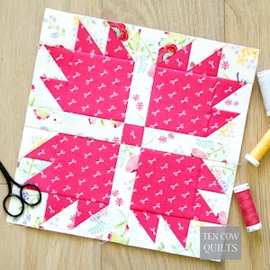 May include: A square quilt block featuring four dark pink fabric sections with a white scissor pattern, separated by white strips with a floral print. The block includes the text TEN COW QUILTS in the bottom right corner, black scissors, and thread.