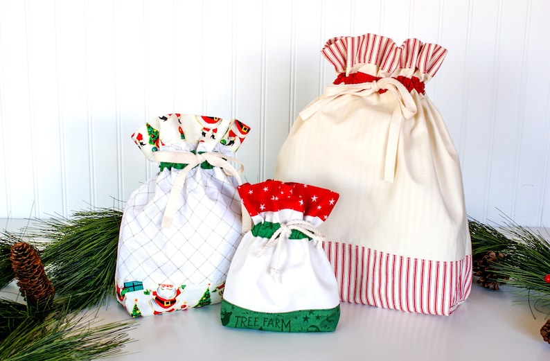 Drawstring Bag Pattern, Fabric Gift Bags, Holiday DIY Sewing, Santa Sack, Reusable, Christmas Gift Idea, Small Medium Large, Three Sizes image 1