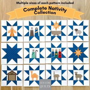 Puede incluir: Una colección de doce bloques de edredón cuadrados con un borde de estrella azul y figuras centrales de natividad que incluyen un ángel, la sagrada familia, un pesebre, una oveja, un pastor, reyes magos, una estrella, un establo, un camello, un burro y una cabra. Texto: Complete Nativity Collection.
