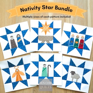 May include: A Nativity Star Bundle quilt pattern set featuring six square blocks with blue and white star borders. The blocks depict figures including a manger, three kings, an angel, a shepherd, and a sheep. Text reads Nativity Star Bundle.