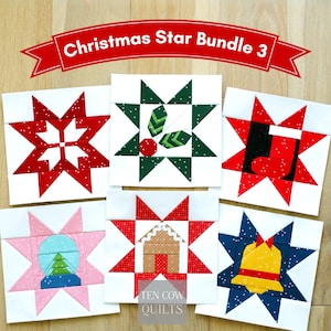 May include: Six square quilt blocks featuring Christmas-themed designs including stars, a stocking, a snow globe, a gingerbread house, and a bell. The text "Christmas Star Bundle 3" and "TEN COW QUILTS" is visible on the image.