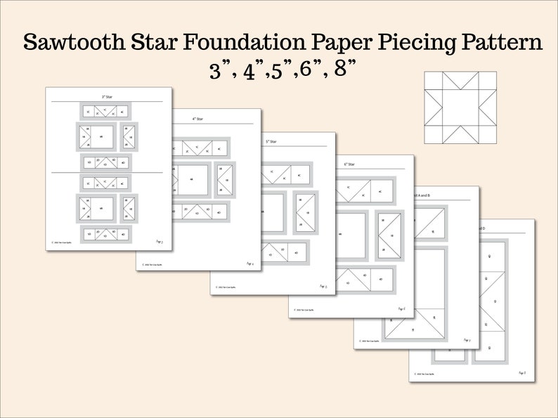 Sawtooth Star Foundation Paper Piecing Pattern, FPP, Quilt Block, Classic Traditional, Small, Mini, Multiple Sizes, PDF Pattern image 2