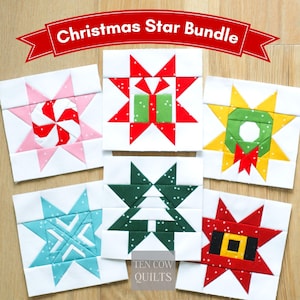 May include: Six square quilt blocks featuring Christmas-themed star designs in red, green, yellow, pink, and teal fabrics on white backgrounds. The text "Christmas Star Bundle" appears in a red banner at the top, and "TEN COW QUILTS" is at the bottom.