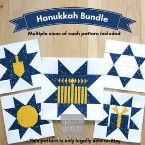 May include: A Hanukkah Bundle quilt pattern set featuring five square blocks with white backgrounds and dark blue star motifs. Designs include a yellow dreidel, a menorah, a Star of David, a yellow circle, and a gift box. Text reads Hanukkah Bundle.