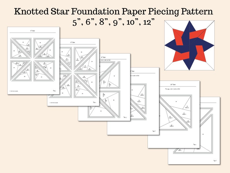 Knotted Star Foundation Paper Piecing Pattern, FPP, Quilt Block, 5-inch, 6-inch, 8-inch, 9-inch, 10-inch, 12-inch image 2