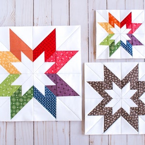 May include: Three quilt blocks featuring a star design. The largest block has a white background with a star made of eight colourful triangles. The medium block has a white background with a star made of eight brown triangles. The smallest block has a white background with a star made of eight rainbow coloured triangles.