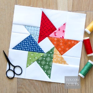 May include: A patchwork quilt block with a star pattern, incorporating red, pink, orange, green, and blue patterned fabrics within white squares. The image includes black scissors, spools of thread, and the text "TEN COW QUILTS".