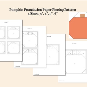 May include: Four printable paper piecing patterns for making a pumpkin. The patterns are for 3 inch, 4 inch, 5 inch, and 6 inch pumpkins. The patterns are black and white and have numbers on them.