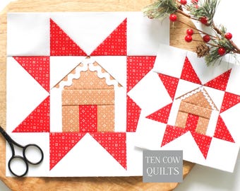 Christmas Cottage Star Quilt Block Pattern, 6 Sizes Included, Foundation Paper Pieced, Gingerbread House, PDF Download