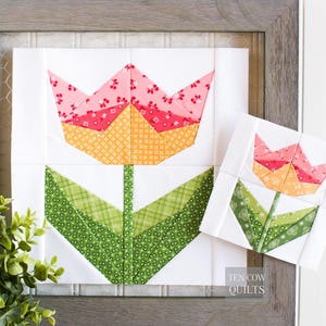 Tulpe 6 Größen, Blume, Foundation Paper Pieced Pattern, Frühling, Quilt-Block, Mehrere Größen PDF, Schnittmuster, 5-Zoll, 6-Zoll, 8-Zoll