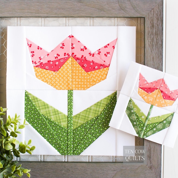 Tulp 6 maten, bloem, basispatroon met stukjes papier, lente, quiltblok, meerdere formaten pdf, naaipatroon, 5-inch, 6-inch, 8-inch