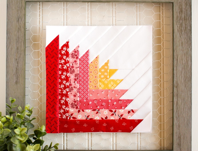 Lilly Log Cabin, mönster för lapptäcke, FPP, tulpan, blomma, quiltblock, PDF-nedladdning, flera storlekar, liten 7,5 cm, 20 cm bild 6