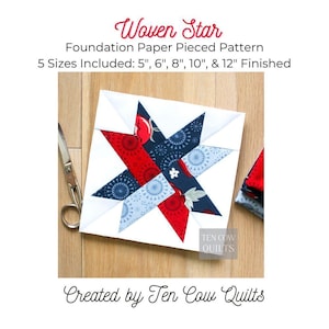 Woven Star 5 Sizes Foundation Paper Piecing Pattern, FPP, 12-inch, 10-inch, 8-inch, 6-inch, 5-inch, Sawtooth Star, PDF Download, Quilt Block