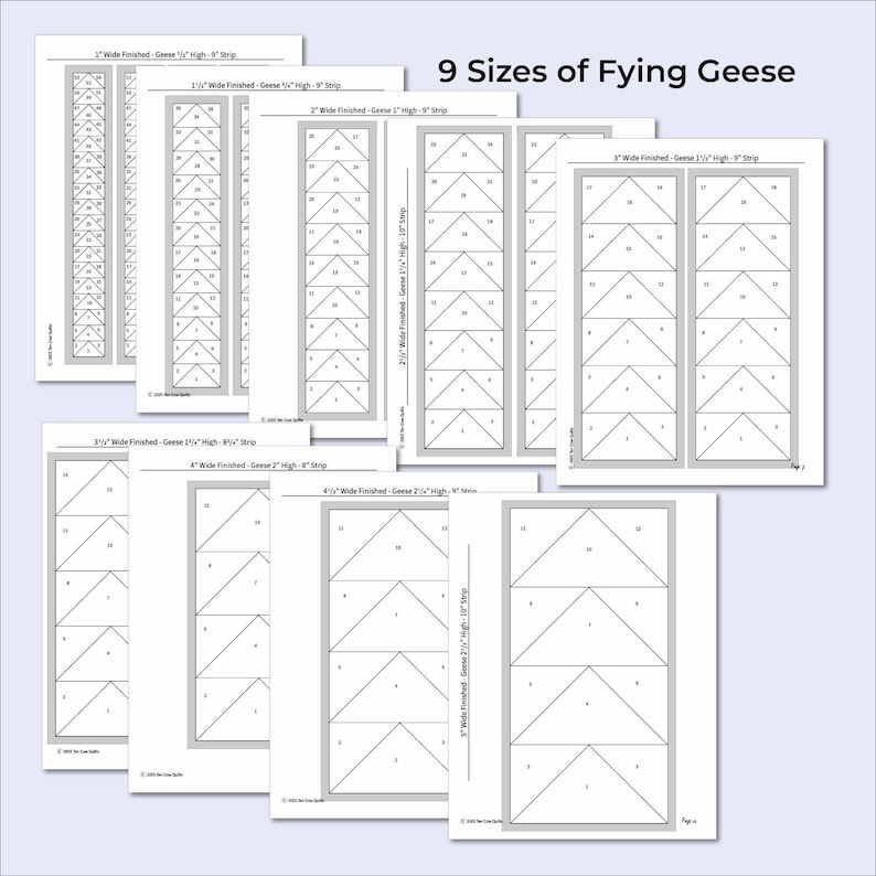 Patrón de papel base Flying Geese de 9 tamaños, borde de edredón, varios tamaños, FPP, moderno, fácil para principiantes, pequeño detalle imagen 3