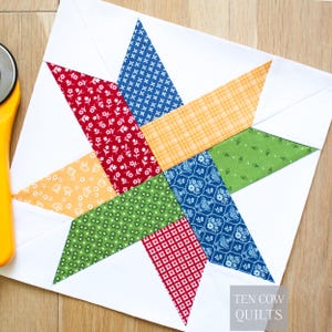 Cartamodello per patchwork a forma di stella intrecciata, 5 misure, FPP, 12 pollici, 10 pollici, 8 pollici, 6 pollici, 5 pollici, stella a denti di sega, download PDF, blocco trapuntato immagine 5